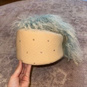 Bellini Originals Women’s Vintage Tan Rhinestone Blue Fuzzy Soft Mohawk Hat